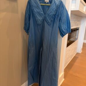 Ganni Blue Pleated Dress with Puff Sleeves